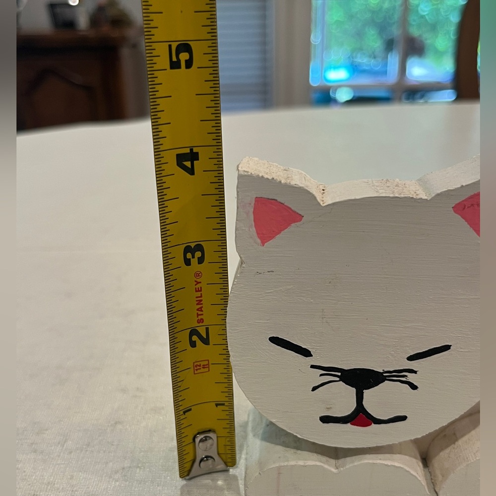 Vintage rustic handmade wooden White sitting Cat Decor. GUC! - Picture 7 of 7